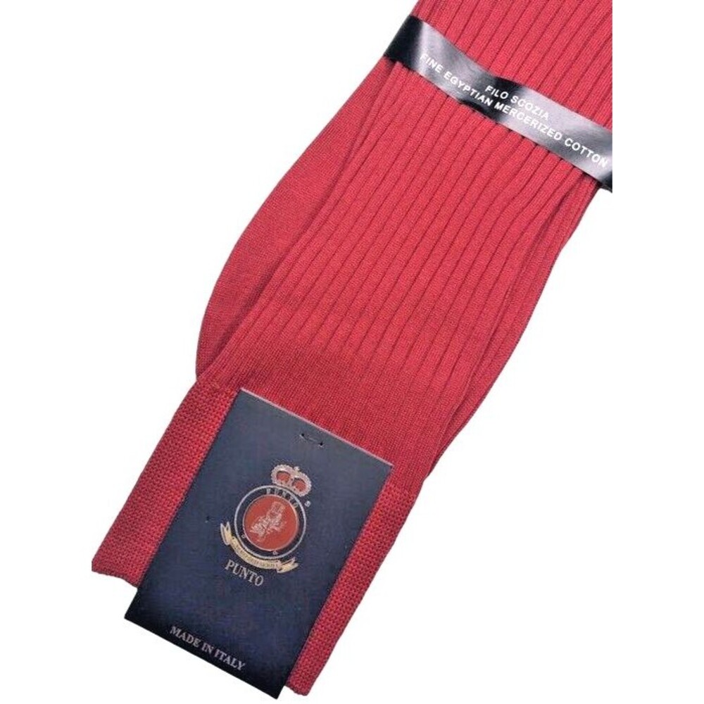 Punto Mens Dress Socks Solid Red Egyptian Cotton Ribbed Made in Italy 10-13
